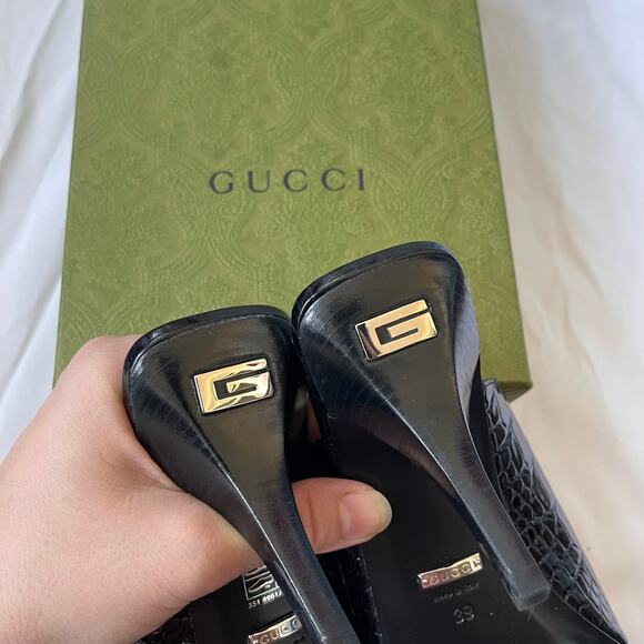 Gucci Black Leather Croc Embossed Mules Sz 39 - Picture 2 of 11